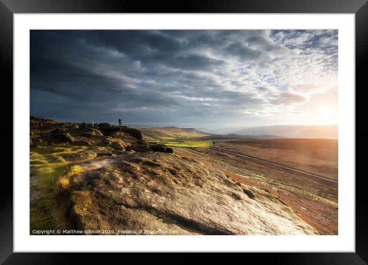Hikers in stunning Peak District landscape during autumn sunset Framed Mounted Print by Matthew Gibson