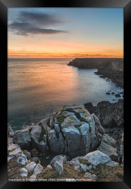 Stunning vibrant landscape image of cliffs around St Govan's Head on Pembrokeshire Coast in Wales Framed Print by Matthew Gibson