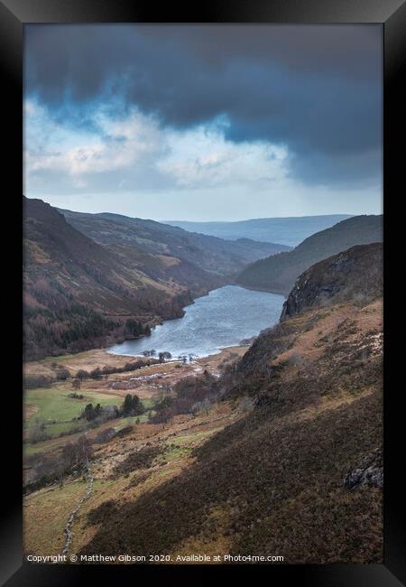 Landscape image of view from peak of Crimpiau towards Llyn Crafnant in Snowdonia Framed Print by Matthew Gibson