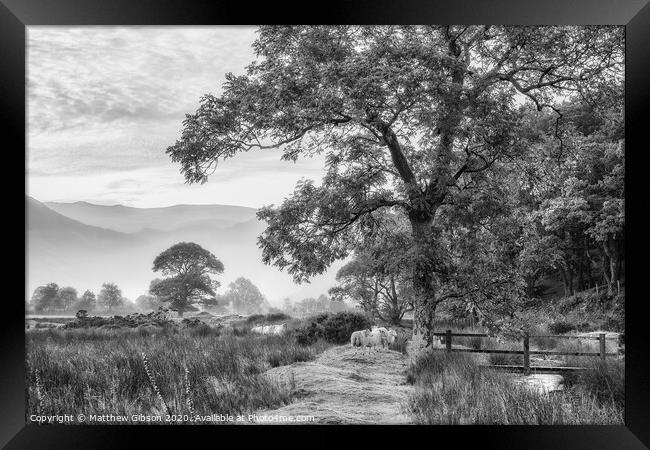 Beautiful foggy misty black and white landscape Autumn sunrise over countryside surrounding Crummock Water in Lake District in England Framed Print by Matthew Gibson