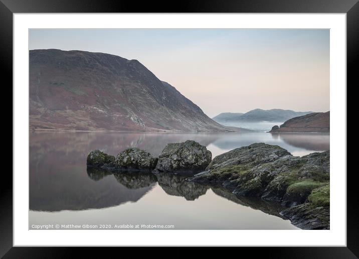 Stunning Winter foggy sunrise on Crummock Water in Lake District England Framed Mounted Print by Matthew Gibson