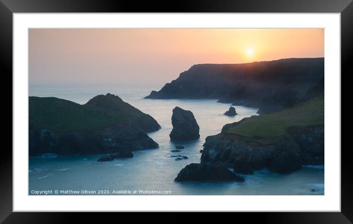 Stunning vibrant sunset landscape image of Kynance Cove on South Cornwall coast of England Framed Mounted Print by Matthew Gibson
