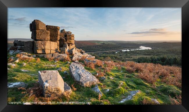Stunning Autumn sunset landscape image of view from Leather Tor towards Burrator Reservoir in Dartmoor National Park Framed Print by Matthew Gibson