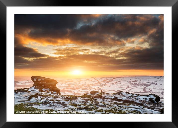 Stunning Winter sunset over snow covered Winter landscape in Peak District Framed Mounted Print by Matthew Gibson