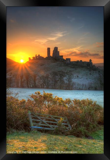 Beautiful Medieval castle ruin in countryside landscape during Winter sunrise Framed Print by Matthew Gibson