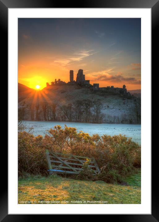 Beautiful Medieval castle ruin in countryside landscape during Winter sunrise Framed Mounted Print by Matthew Gibson