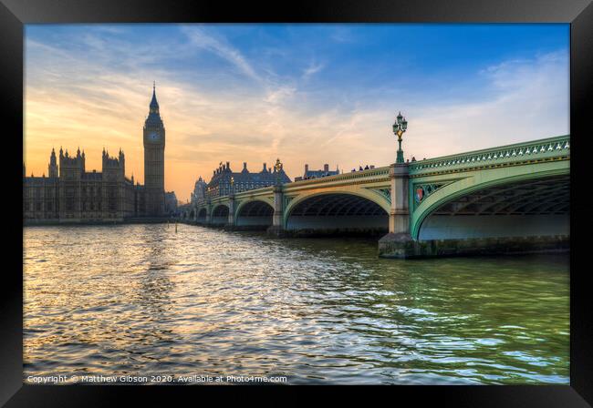 London attractions Big Ben and Westminster Bridge landscape during a Winter sunset Framed Print by Matthew Gibson