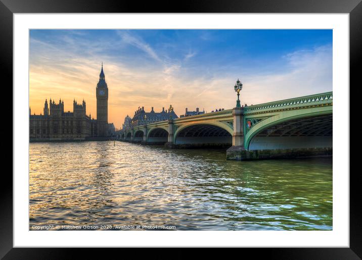 London attractions Big Ben and Westminster Bridge landscape during a Winter sunset Framed Mounted Print by Matthew Gibson