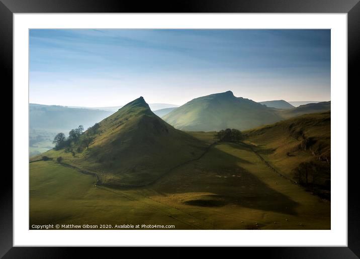 Beautiful landscape image of Parkhouse Hill and Chrome Hill in Peak District at sunset Framed Mounted Print by Matthew Gibson