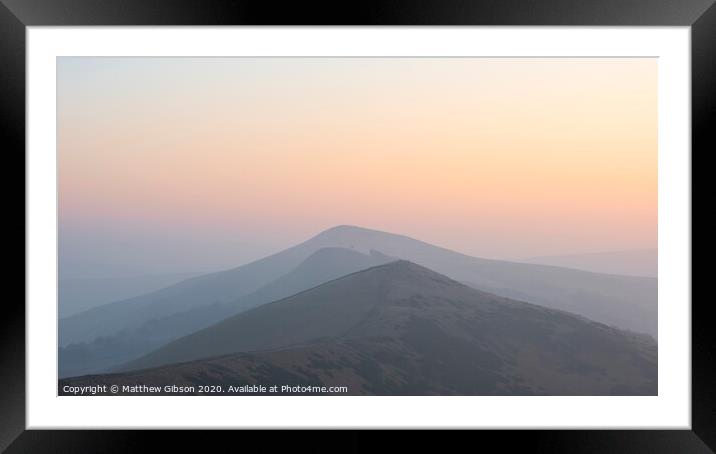 Stunning Winter sunrise landscape image of The Great Ridge in the Peak District in England with a cloud inversion and mist in the Hope Valley with a lovely orange glow Framed Mounted Print by Matthew Gibson
