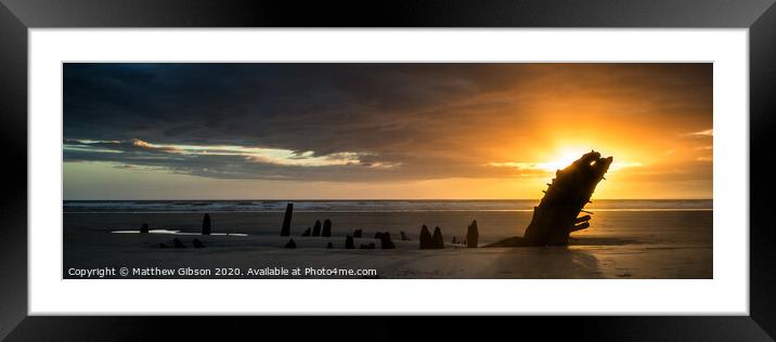 Landscape panorama ship wreck on Rhosilli Bay beach in Wales at sunset Framed Mounted Print by Matthew Gibson