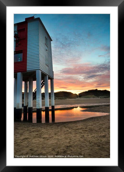 Beautiful landscape sunrise stilt lighthouse on beach Framed Mounted Print by Matthew Gibson