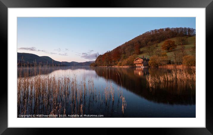 Epic vibrant sunrise Autumn Fall landscape image of Ullswater in Lake District with golden sunlight Framed Mounted Print by Matthew Gibson