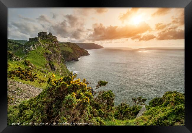 Beautiful evening sunset landscape image of Valley of The Rocks in Devon England Framed Print by Matthew Gibson