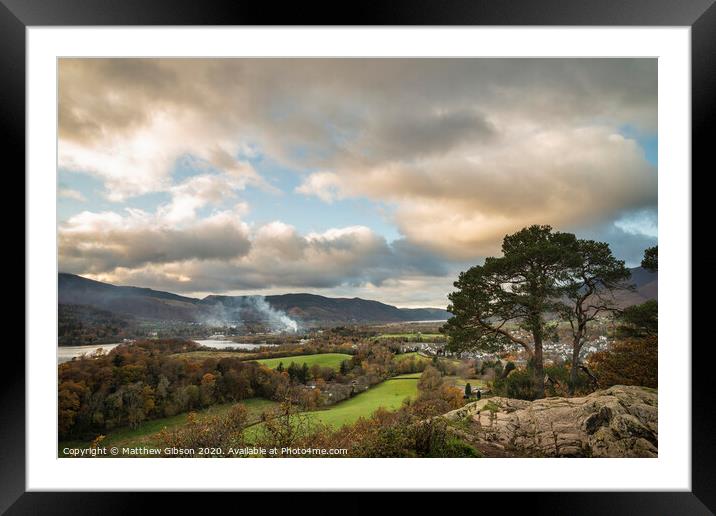 Majestic Autumn Fall landscape image of view from Castlehead in Lake District over Derwentwater towards Catbells and Grisedale Pike at sunset with epic lighting in sky Framed Mounted Print by Matthew Gibson