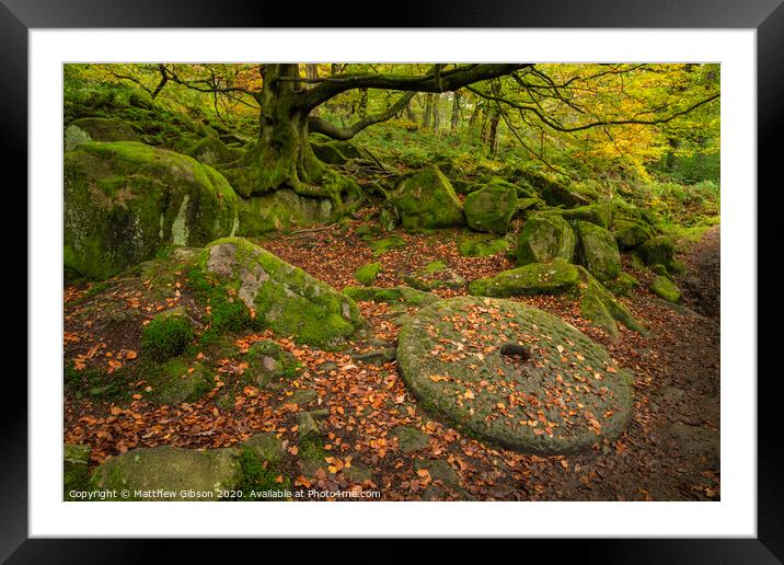 Beautiful vibrant Autumn Fall forest landscape image of millstone in woodland in Peak District Framed Mounted Print by Matthew Gibson
