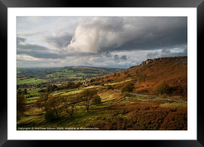 Stunning Autumn Fall landscape image of Crubar Edge in Peak District at sunset with lovely evening light glow Framed Mounted Print by Matthew Gibson