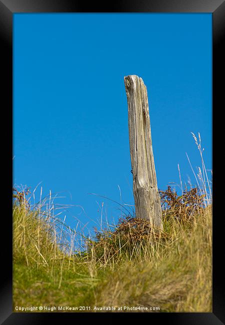 Landscape, Fence post, Desiccated, Sand Dumes, Blu Framed Print by Hugh McKean