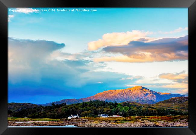 Landscape, Evening light over, Traigh house and Ca Framed Print by Hugh McKean