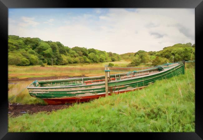 Moored red & green wooden rowing boat  Framed Print by Hugh McKean