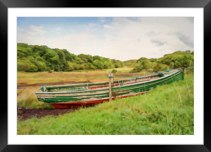Moored red & green wooden rowing boat  Framed Mounted Print by Hugh McKean