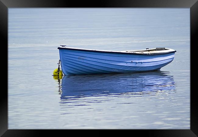 Boat, Wooden, Rowing boat, Blue, Anchored Framed Print by Hugh McKean