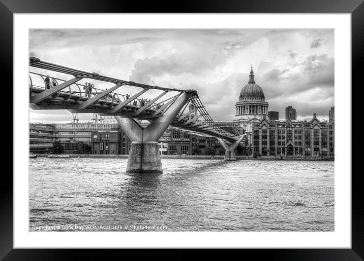 Millennium Bridge in black and white Framed Mounted Print by Chris Day