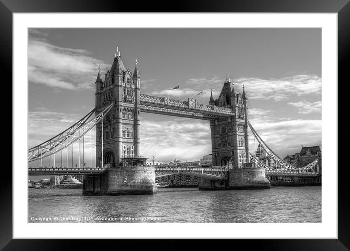 Tower Bridge in black and white Framed Mounted Print by Chris Day