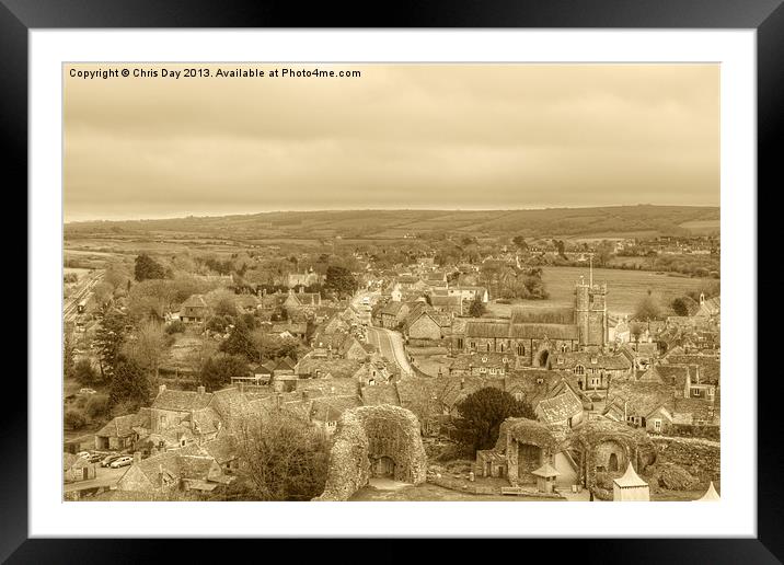 View of the village from Corfe Castle Framed Mounted Print by Chris Day