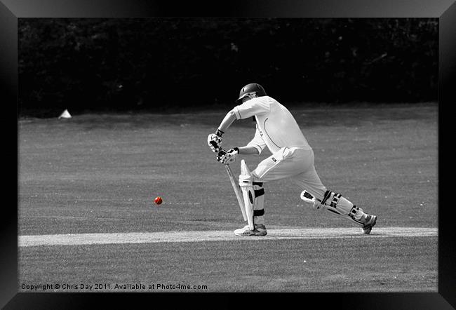 Cricketer in black and white with red ball Framed Print by Chris Day