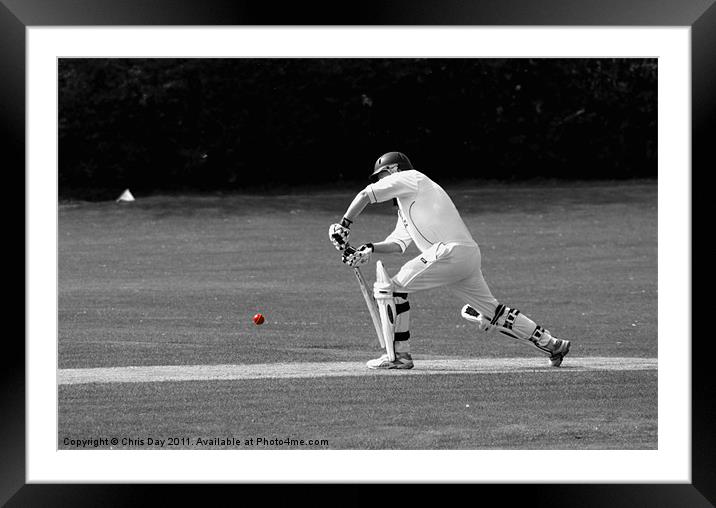 Cricketer in black and white with red ball Framed Mounted Print by Chris Day