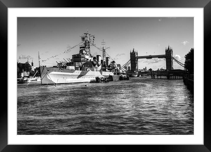 HMS Belfast and Tower Bridge 2 in Black and White Framed Mounted Print by Chris Day