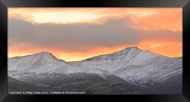 Bannau Brycheiniog snow covered peaks at sunset. Framed Print by Philip Veale