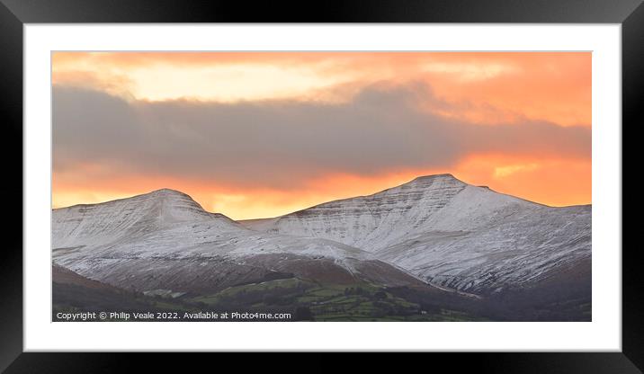 Bannau Brycheiniog snow covered peaks at sunset. Framed Mounted Print by Philip Veale