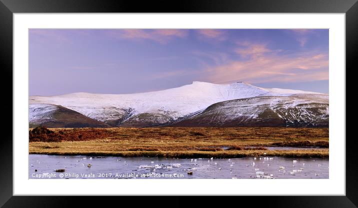 Pen y Fan and Corn Du Snow Clad Peaks at Dusk. Framed Mounted Print by Philip Veale