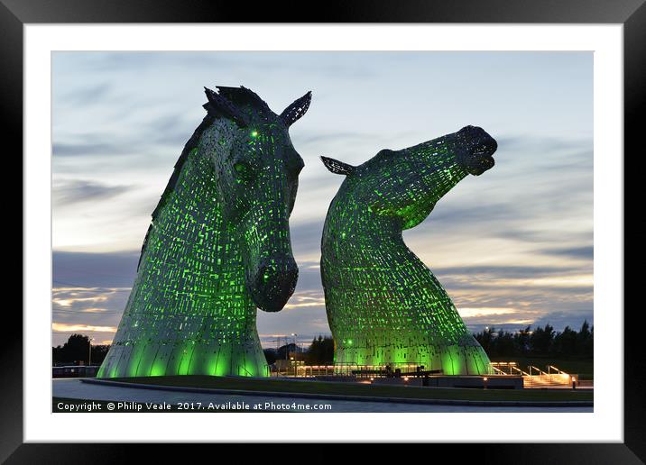 Kelpies at Sunset in Green. Framed Mounted Print by Philip Veale