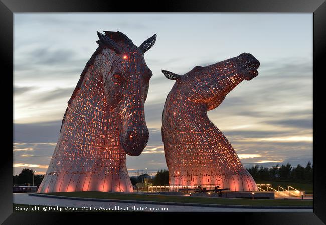 Kelpies at Sunset in Red. Framed Print by Philip Veale