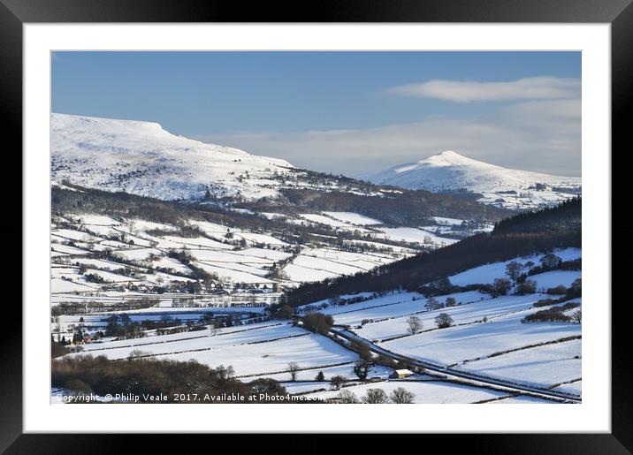 Sugar Loaf and Pen Cerrig Calch in Winter. Framed Mounted Print by Philip Veale