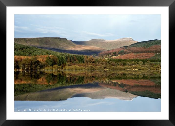 Brecon Beacons Mirrored in Pentwyn Reservoir. Framed Mounted Print by Philip Veale
