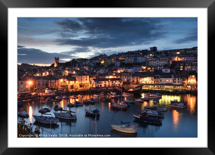 Brixham Harbour's Blue Hour Before Nightfall. Framed Mounted Print by Philip Veale
