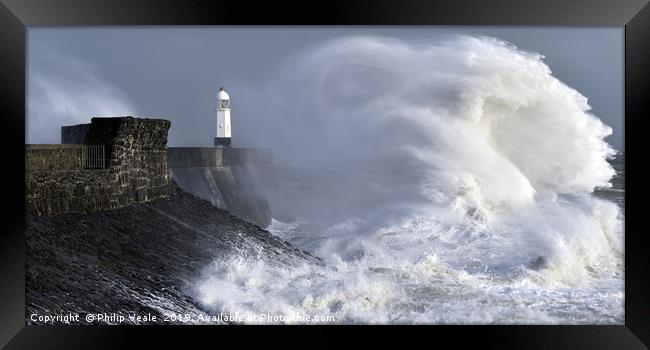 Porthcawl Lighthouse and the Face of Storm Freya. Framed Print by Philip Veale