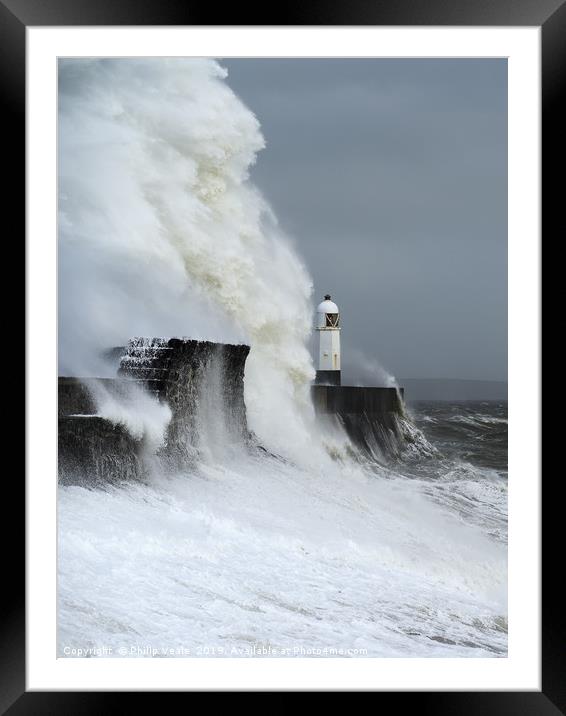 Porthcawl Lighthouse Battles Storm Freya. Framed Mounted Print by Philip Veale
