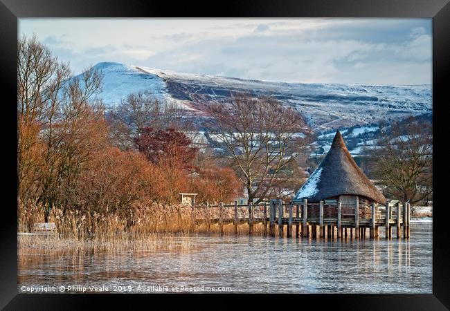 Llangorse Lake Crannog and Mynydd Troed in Winter. Framed Print by Philip Veale
