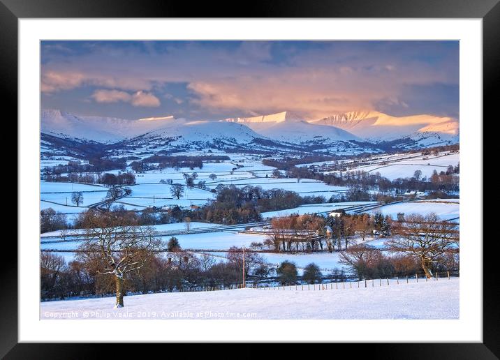 Bannau Brycheiniog Winter's Dawn Embrace. Framed Mounted Print by Philip Veale