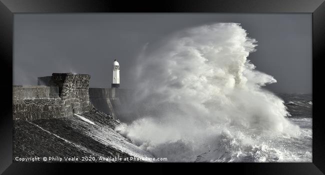 Porthcawl Lighthouse and Crashing Waves. Framed Print by Philip Veale