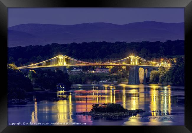 Menai Suspension Bridge: Night Reflection. Framed Print by Philip Veale