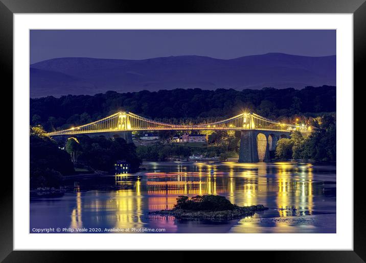 Menai Suspension Bridge: Night Reflection. Framed Mounted Print by Philip Veale