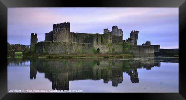Caerphilly Castle's Mirrored Beauty at Dawn. Framed Print by Philip Veale