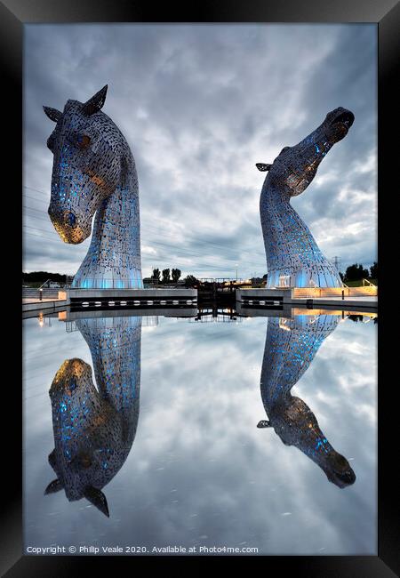 Kelpies Blue Reflection at Dusk. Framed Print by Philip Veale