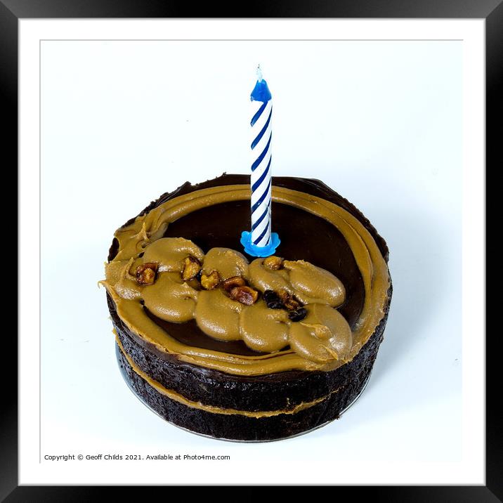Chocolate Cake with Single Candle Isolated on White. Framed Mounted Print by Geoff Childs